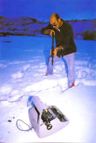 Dr Thompson shooting a typewriter